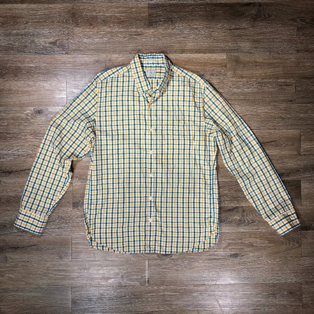 Tailored By J. Crew Men's Large White Green Yellow Plaid Button Down Shirt